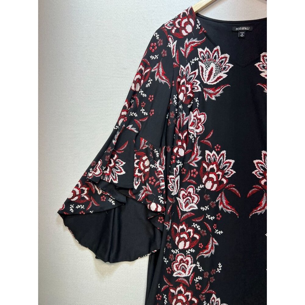 Roz & Ali Womens Floral Shift Dress Size 1X Black Bell Sleeve Dress Pullover Y2K - Picture 6 of 12